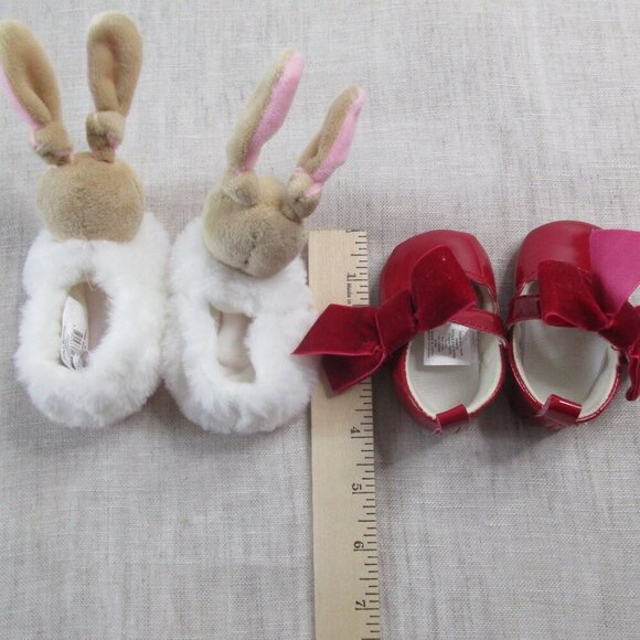 Doudou Et Compagnie Baby Girl Bunny Plush Slippers & Red Bow Dress Shoes 0-6M - Picture 10 of 11